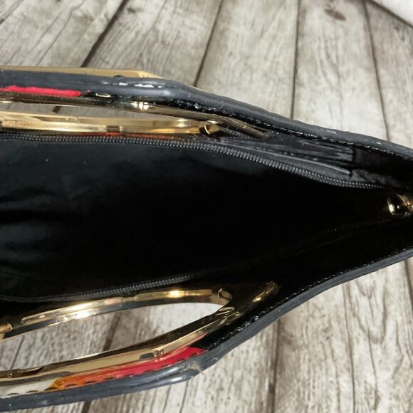 Floral Butterfly Black Patent Handbag Goldtone Hexagonal Handles Bloomcore - Picture 3 of 5